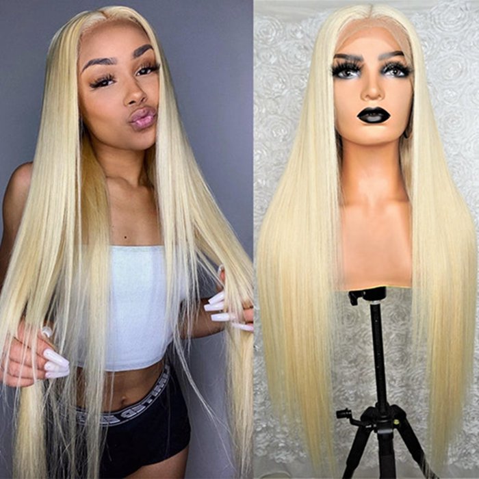 613 Glueless 360 Lace Human Hair Wigs Transparent Blonde Straight Frontal Wig