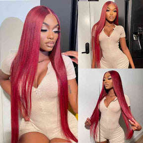 99J Burgundy Straight 4x4 5x5 6x6 Glueless Lace Closure Wig