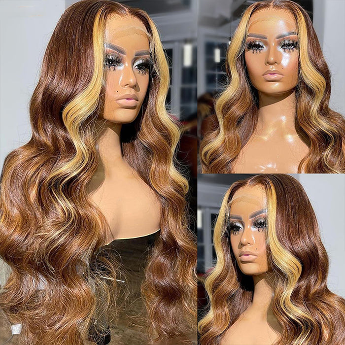 Blonde Skunk Stripe Hair 13x4 Body Wave Lace Front Wig Brown Hair With Blonde Highlights