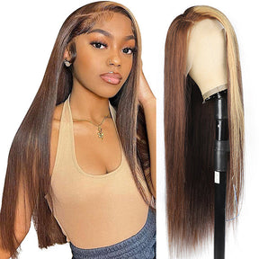 Blonde With Brown Wig Skunk Stripe Straight 13x4 Lace Frontal Wigs