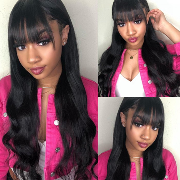 Brazilian Body Wave With Bangs Human Hair For Black Women Glueless Machine Made Remy Wigs