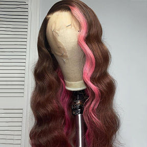 Brown Pink Lace Front Wig Bone Straight Human Hair Wig 13x4 Highlight Skunk Stripe Lace Front Human Hair Wigs