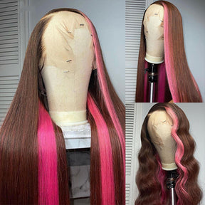 Brown Pink Lace Front Wig Bone Straight Human Hair Wig 13x4 Highlight Skunk Stripe Lace Front Human Hair Wigs