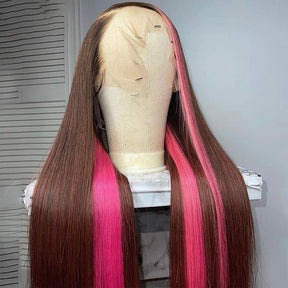 Brown Pink Lace Front Wig Bone Straight Human Hair Wig 13x4 Highlight Skunk Stripe Lace Front Human Hair Wigs