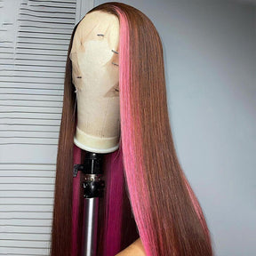 Brown Pink Lace Front Wig Bone Straight Human Hair Wig 13x4 Highlight Skunk Stripe Lace Front Human Hair Wigs