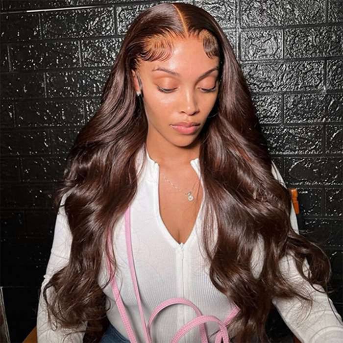Brown Wig #4 Colored Human Hair 4x4 Lace Closure Wigs In Body Wave Hairstyle