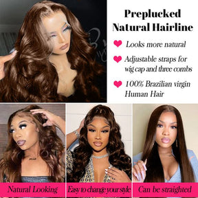 Brown Wig #4 Colored Human Hair 4x4 Lace Closure Wigs In Body Wave Hairstyle