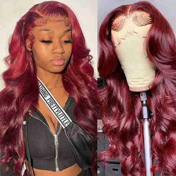 Burgundy 99J Color Body Wave 4x4 Lace Frontal Wig with Pre Pluck For Black Women