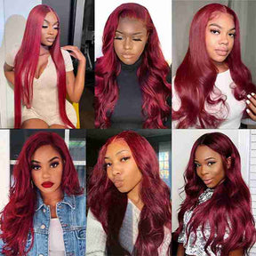 Burgundy 99J Color Body Wave 4x4 Lace Frontal Wig with Pre Pluck For Black Women