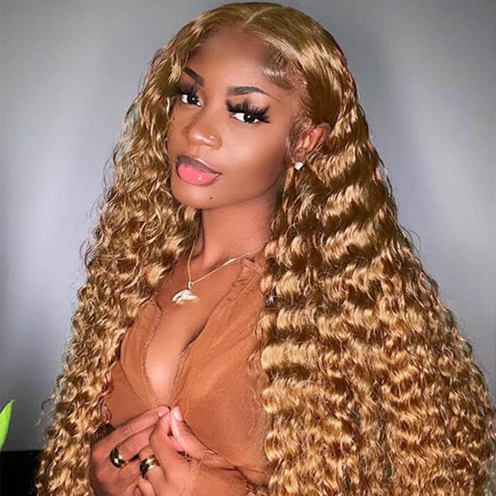 Deep Wave 27 Colored Human Hair Wigs Honey Blonde 13x4 13x6 Transparent Lace Frontal Wigs