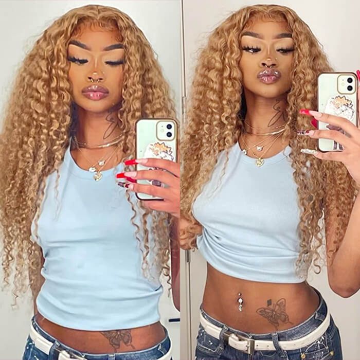 Deep Wave 27 Colored Human Hair Wigs Honey Blonde 13x4 13x6 Transparent Lace Frontal Wigs