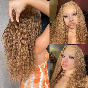 Deep Wave 27 Colored Human Hair Wigs Honey Blonde 13x4 13x6 Transparent Lace Frontal Wigs
