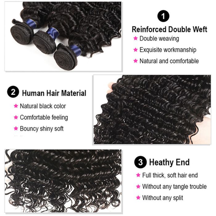 Deep Wave Virgin Hair Weave 3 Bundles With 13x4 Lace Frontal