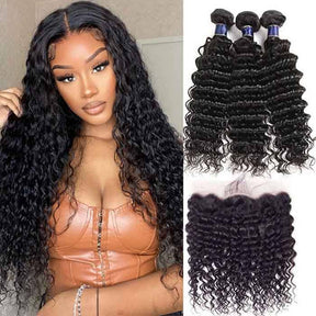 Deep Wave Virgin Hair Weave 3 Bundles With 13x4 Lace Frontal