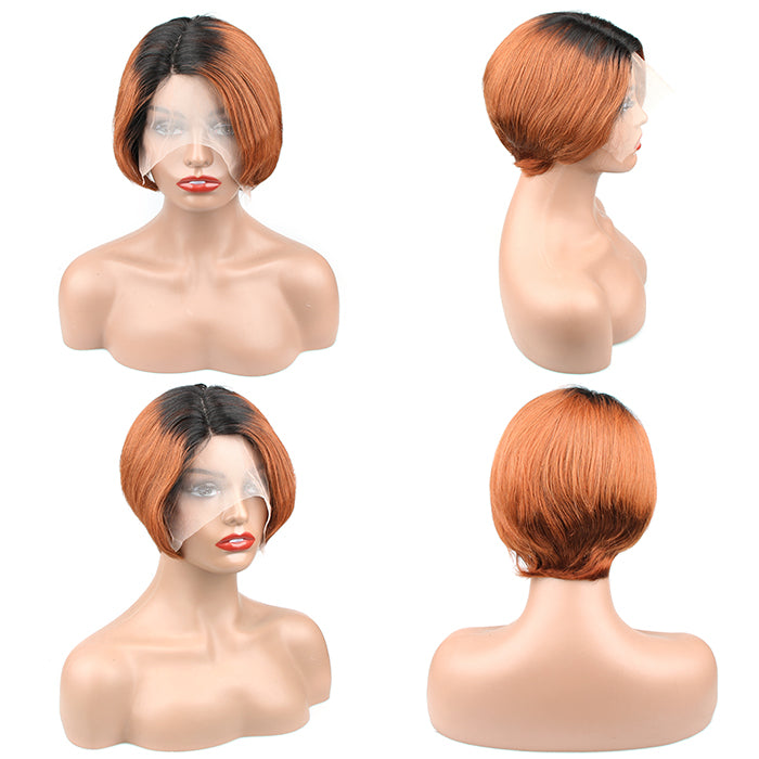 Flash Sale-Highlight Pixie Wig Short Human Hair Bob Wig 1B/30 Brown Colored Straight Wig
