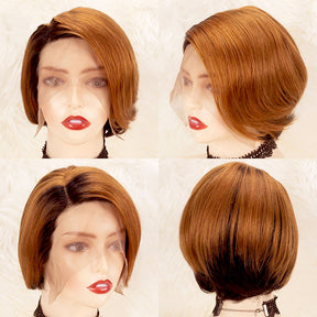 Flash Sale-Highlight Pixie Wig Short Human Hair Bob Wig 1B/30 Brown Colored Straight Wig