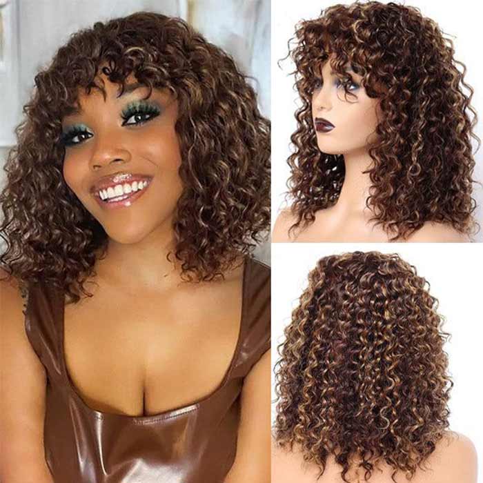 Flash Sale-P4/27 Highlight Curly Bob Wig With Bang 100% Human Hair