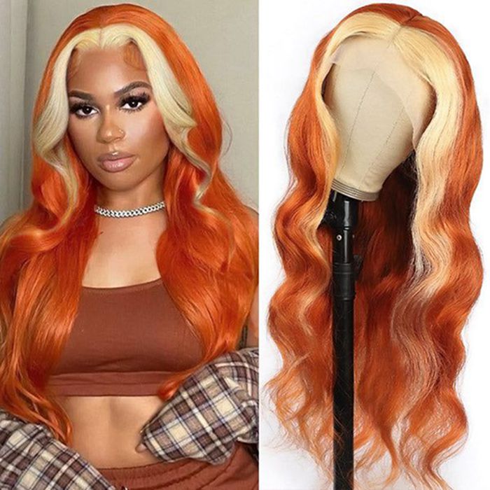 Ginger With Blonde Skunk Stripe 13x4 4x4 Lace Front Wigs Body Wave Human Hair Wigs