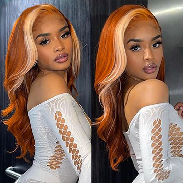Ginger With Blonde Skunk Stripe 13x4 4x4 Lace Front Wigs Body Wave Human Hair Wigs