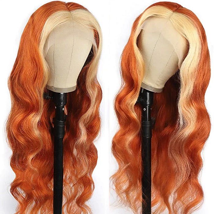 Ginger With Blonde Skunk Stripe 13x4 4x4 Lace Front Wigs Body Wave Human Hair Wigs