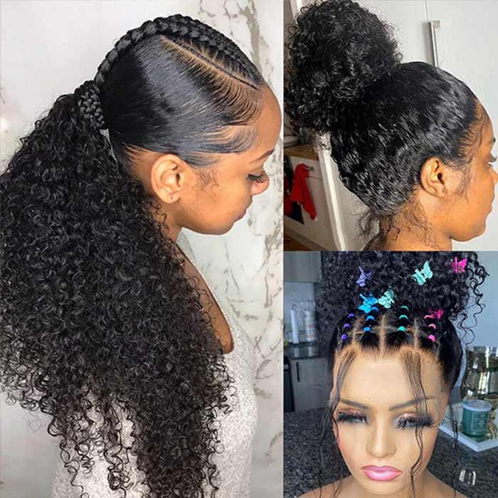 Glueless Kinky Curly Human Hair Full Lace Wig For Braiding Pre Plucked
