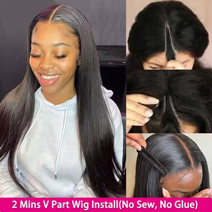 Glueless V Part Wig Silk Straight Wig Beginner Friendly Human Hair Wigs For Women