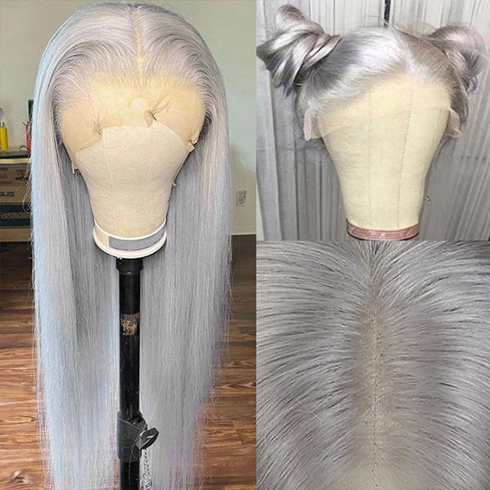 Gray Straight Lace Front Wig Platinum Silver Blonde Human Hair Wigs For Women Transparent Brazilian Remy Colored Hair Wig