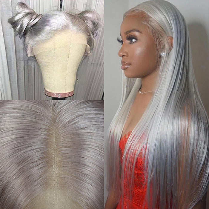 Gray Straight Lace Front Wig Platinum Silver Blonde Human Hair Wigs For Women Transparent Brazilian Remy Colored Hair Wig