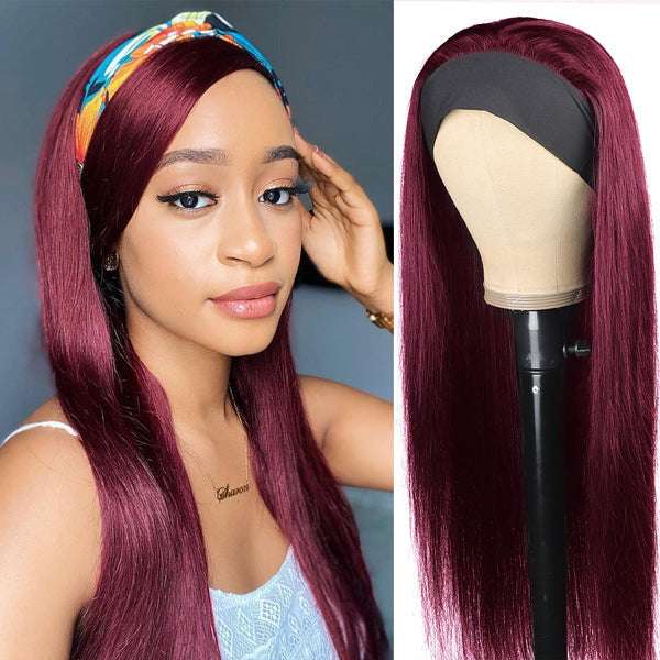 Headband Wig Human Hair 99J Burgundy Red Wig Straight Human Hair Wigs for Women