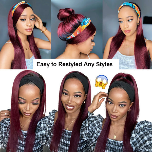Headband Wig Human Hair 99J Burgundy Red Wig Straight Human Hair Wigs for Women