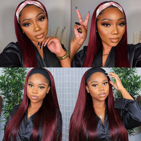 Headband Wig Human Hair 99J Burgundy Red Wig Straight Human Hair Wigs for Women