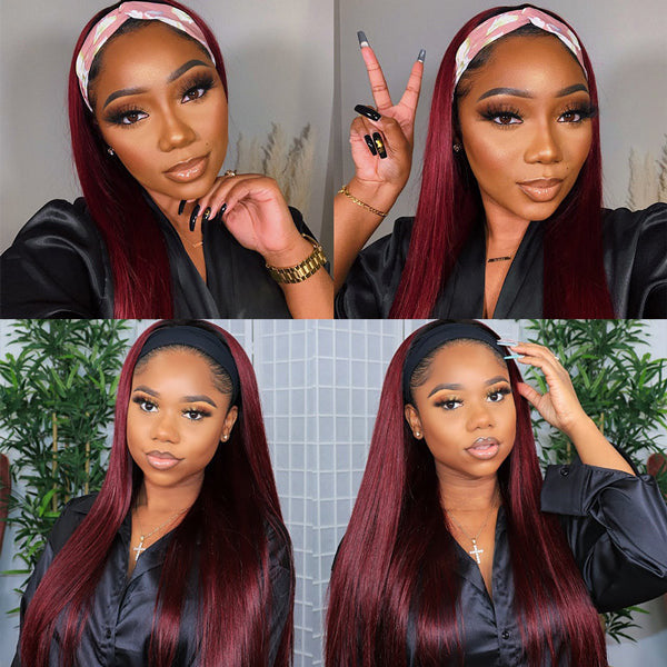 Headband Wig Human Hair 99J Burgundy Red Wig Straight Human Hair Wigs for Women