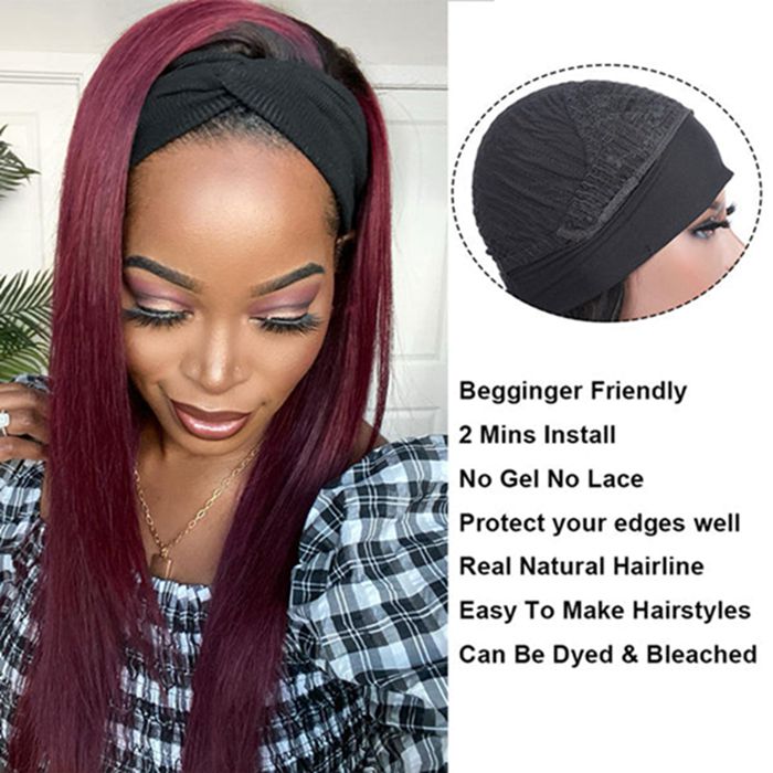 Headband Wig Human Hair 99J Burgundy Red Wig Straight Human Hair Wigs for Women