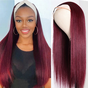 Headband Wig Human Hair 99J Burgundy Red Wig Straight Human Hair Wigs for Women