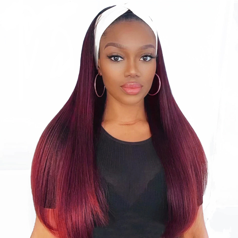 Headband Wig Human Hair 99J Burgundy Red Wig Straight Human Hair Wigs for Women