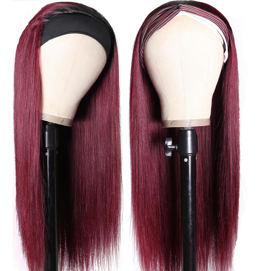 Headband Wig Human Hair 99J Burgundy Red Wig Straight Human Hair Wigs for Women