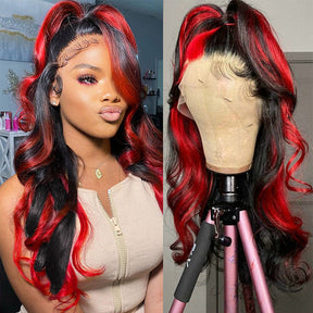 Highlight Human Hair 13x4 Black Red Colored Lace Front Human Hair Wigs Body Wave Transparent Lace Wigs for Women