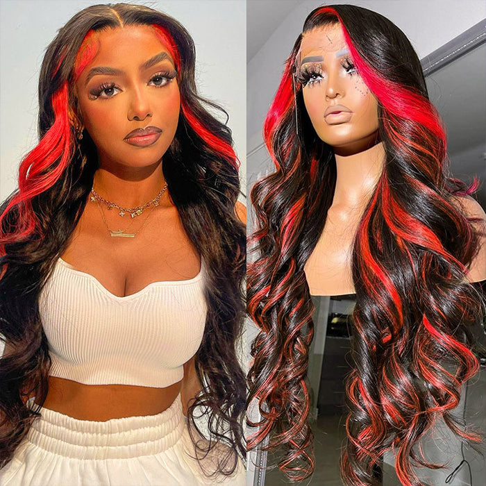 Highlight Human Hair 13x4 Black Red Colored Lace Front Human Hair Wigs Body Wave Transparent Lace Wigs for Women