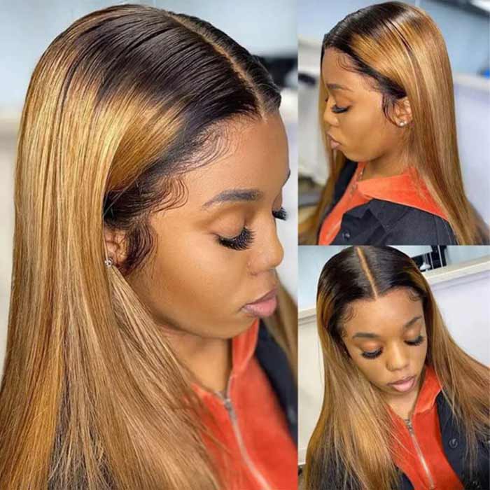 Highlight Ombre T1B/27 Honey Blonde Straight Lace Front Wig For Women