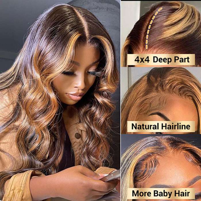 P4/27 Highlight Honey Blonde Body Wave Lace Closure Wigs