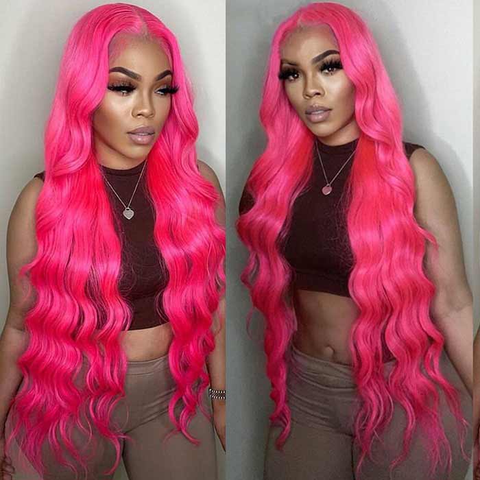 Hot Pink 13x4 Body Wave Lace Frontal Remy Hair Closure Wig For Women