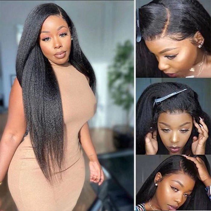 Kinky Straight Wigs 13x6 Lace Front Wig Yaki Human Hair Wigs Natural Black Wigs
