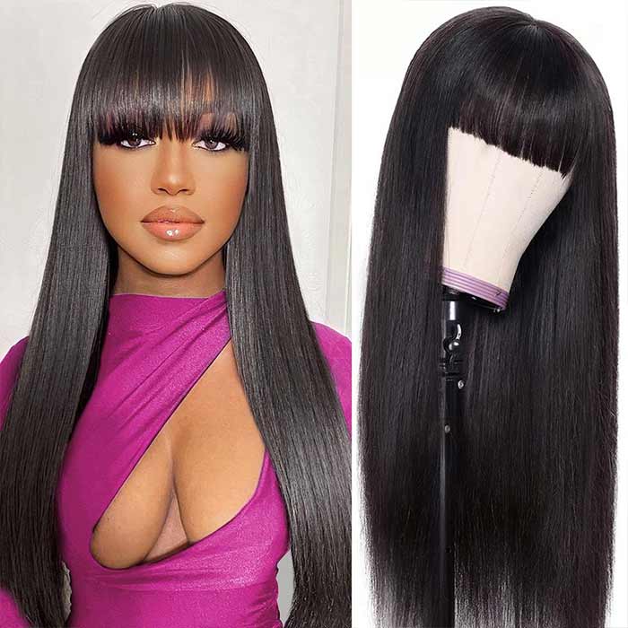 Long Silky Straight Glueless Wig With Bangs Scalp Friendly