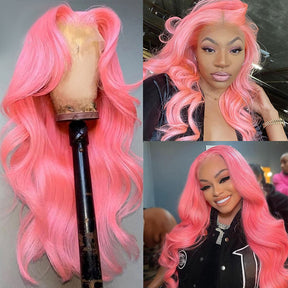 Pink 4x4 Transparent Lace Closure Wig Body Wave Wigs For Women