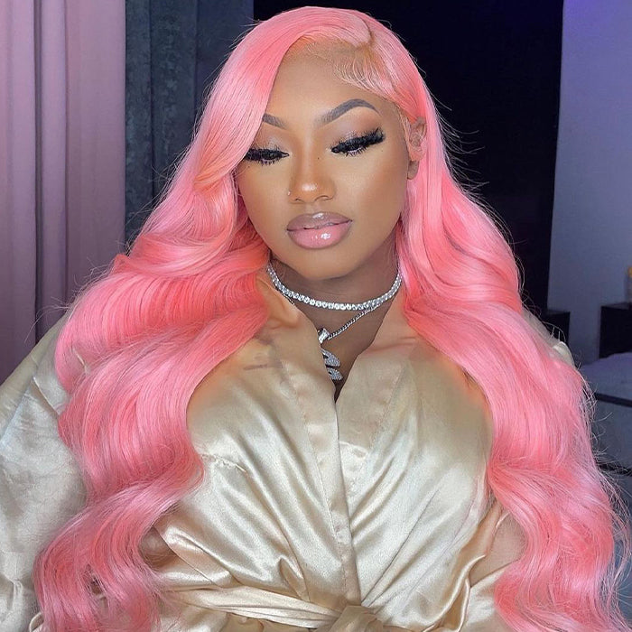 Pink 4x4 Transparent Lace Closure Wig Body Wave Wigs For Women