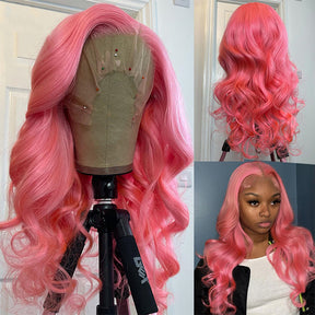 Pink 4x4 Transparent Lace Closure Wig Body Wave Wigs For Women