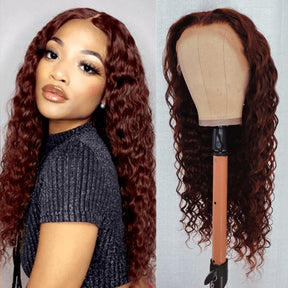 Reddish Brown Deep Wave Curly Glueless Lace Front Human Hair Wigs For Women