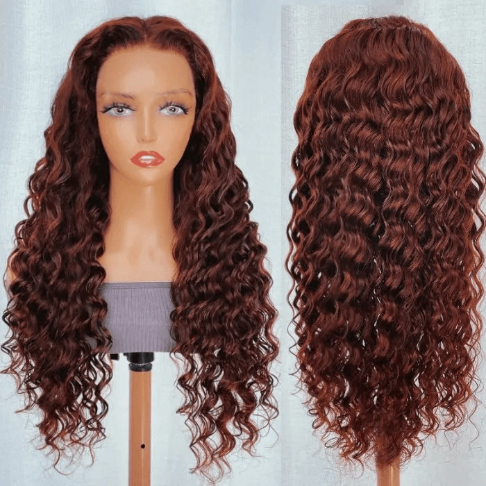 Reddish Brown Deep Wave Curly Glueless Lace Front Human Hair Wigs For Women