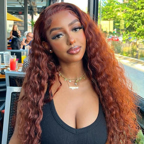 Reddish Brown Deep Wave Curly Glueless Lace Front Human Hair Wigs For Women