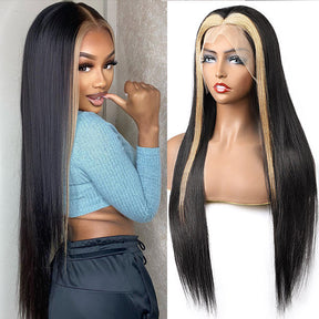 Skunk Stripe Hair Highlight 1B/27 Colored Wig Straight Lace Front Human Hair Wigs